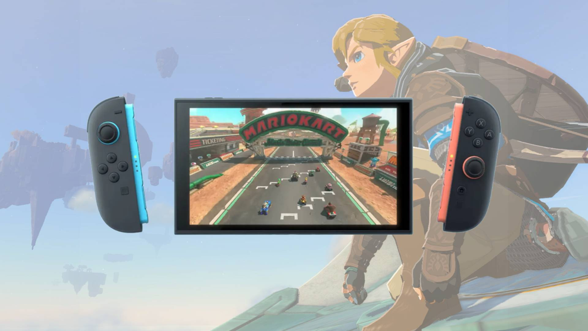 A Nintendo Switch 2 console on a Zelda background